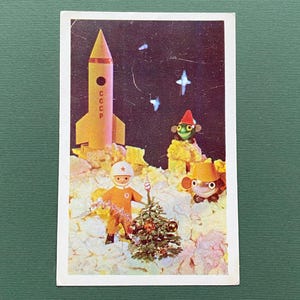 Neujahrspostkarte, Astronaut, Weltraum, Rakete, Postkarte Neujahrs, Illustrator V. Kurchakov, A. Furmanov. 1977