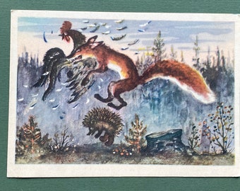 Illustratör av Y. Vasnetsov. Igelkott, räv, tupp, Oanvända vykort, Vykort - 1958