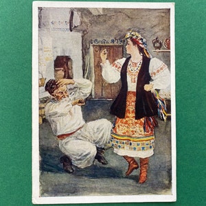 Cartão-postal soviético - Artista A. Plastov. Ilustração para a história "Feira de Sorochinskaya", 1959