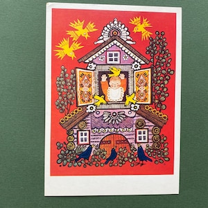 Cartolina di gatto e lepre. Illustratore di Y. Vasnetsov. Cartoline inutilizzate, 1975