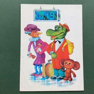 RARE Cheburashka and Crocodile Gena, Shapoklyak. Postcard, USSR, 1980