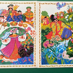Conto Folclórico Ucraniano Princesa Sapo. Ilustrador - Z. Vasina. Conjunto de 6 grandes cartões postais soviéticos vintage. 1990