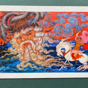 A. Kotukhina-illustratie voor het gedicht "Ruslan en Lyudmila", Palekh, briefkaart, 1972