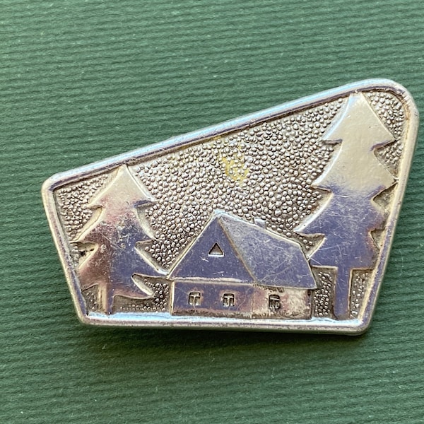 House, Spruce Brooch. Silver Rare Vintage Brooch. Metal soviet collectible badge, Made in USSR А1