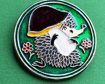 Hedgehog with Mushroom Pin. Vintage collectible badge, Soviet Union, USSR А11