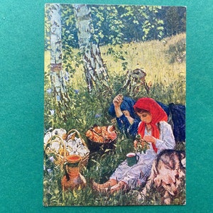 Cartolina sovietica - Artista A. Plastov "Estate", 1955