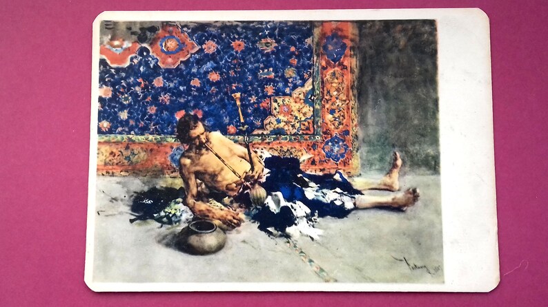 50-60ss Vintage Postcard Mariano Fortuni Opium smoker