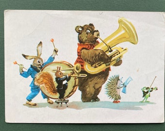 Illustrator by A. Vender. Bear, Hare, Hedgehog. Postcard, 1957