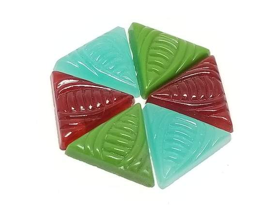 Ten Vintage German Glass Art Deco Green Blue Maroon Triangle Cabachons