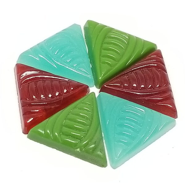 Ten Vintage German Glass Art Deco Green Blue Maroon Triangle Cabachons