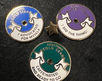 Adulting Gold Star enamel pin set - three pins in one