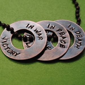 In War, Victory. In Peace, Vigilance. In Death, Sacrifice. Dragon Age Inspired Grey Warden Quote - Hand Stamped Copper Washer Necklace