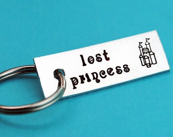 Lost Princess. Hand Stamped Mini Aluminum Keychain with Castle Stamp.