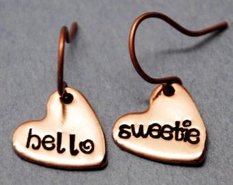 Doctor Who Inspired Hand Stamped Hello Sweetie Antiqued Copper Heart Earrings Doctor Who Inspired Hand Stamped Hello Sweetie Antiqued Copper Heart Earrings