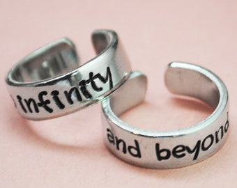 To Infinity and Beyond - Matched Pair of Hand Stamped Rings - Customizable - Pure Aluminum Adjustable Bands - Toy Story Inspired