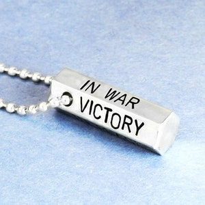 Aluminum Hexagon Necklace: &quot;In War, Victory. In Peace, Vigilance. In Death, Sacrifice&quot; Dragon Age Inspired, Hand Stamped 3/8&quot; Bar