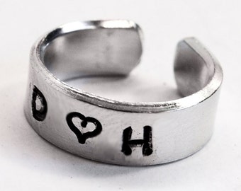 Initials and Heart - Handstamped Aluminum Love Ring . Made to order, Custom Couples' Ring with 2 Initials and a Heart - Adjustable