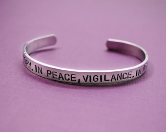 In War, Victory. In Peace, Vigilance. In Death, Sacrifice.- Dragon Age Inspired Grey Warden Bracelet - Hand Stamped Jewelry by Juniper Road