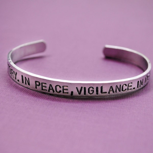 In War, Victory. In Peace, Vigilance. In Death, Sacrifice.- Dragon Age Inspired Grey Warden Bracelet - Hand Stamped Jewelry by Juniper Road