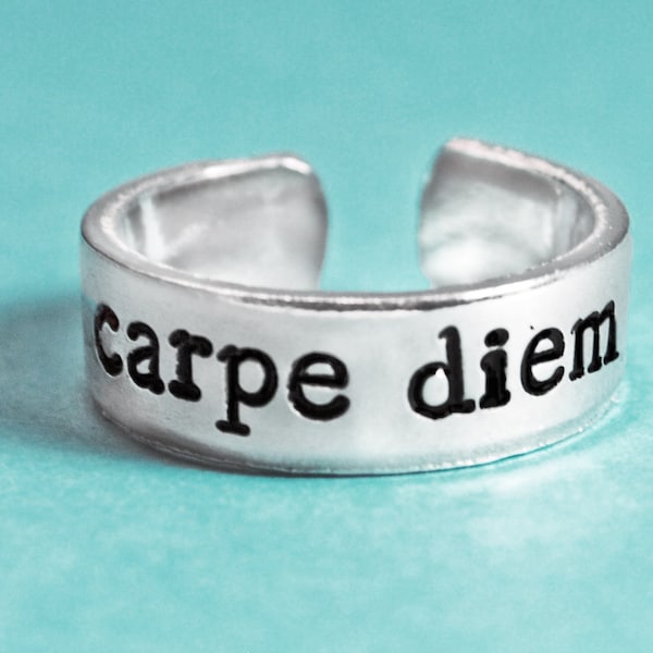 Carpe Diem . Handstamped Ring . Customizable, Adjustable Ring, Your Choice of Metal . Hand Stamped Jewelry byJuniper Road