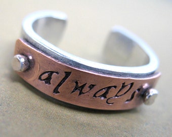 Customizable Riveted Ring . Adjustable Aluminum and Copper Stamped Ring .