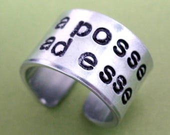 Custom Double Sided Handstamped Ring . 1/2" Wide Aluminum . Personalized Ring Stamped Inside AND Out