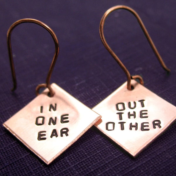 In One Ear - Out the Other . Tiny Copper Earrings, Hand Stamped . Copper Squares, Handstamped Jewelry