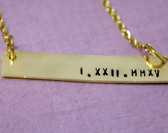 Personalized Date Necklace, Roman Numerals Handstamped on Brass or 14k Gold-Filled Tag, Minimalist Bar Pendant on Chain, Custom Jewelry