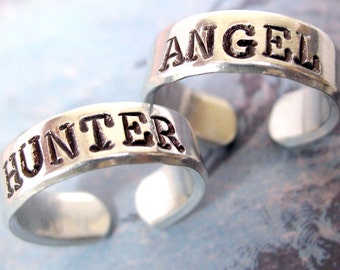 Angel and Hunter - Matched Pair of Hand Stamped Rings - Supernatural Inspired, customizable by Juniper Road, Pure Aluminum Adjustable Bands