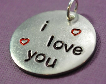 I Love You .  Handstamped Pewter Pebble Pendant, With Tiny Hearts . Customizable Stamped Pendant