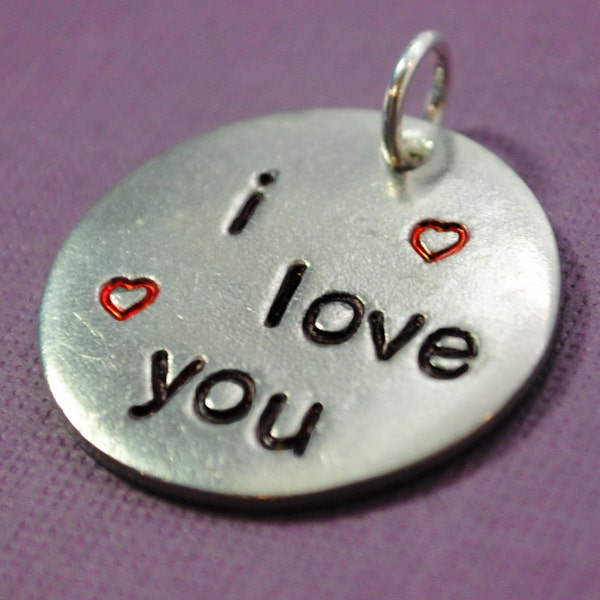 I Love You .  Handstamped Pewter Pebble Pendant, With Tiny Hearts . Customizable Stamped Pendant