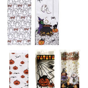 May include: A collection of Halloween-themed cellophane treat bags. Designs include white ghosts with "BOO!" text, a witch stirring a cauldron, orange pumpkins, bats, candy corn, spiderwebs, and the text "HAPPY HALLOWEEN".