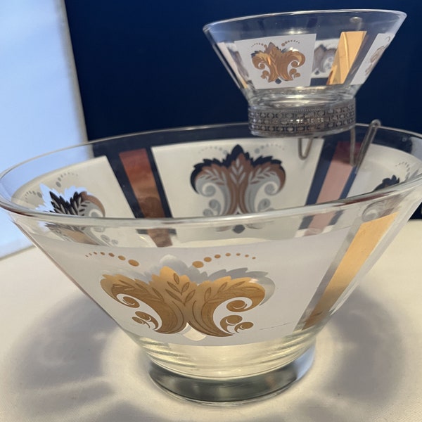 Vtg MCM Anchor Hocking Gold Fleur de Lis Chip & Dip Bowl Set, Complete w Bracket