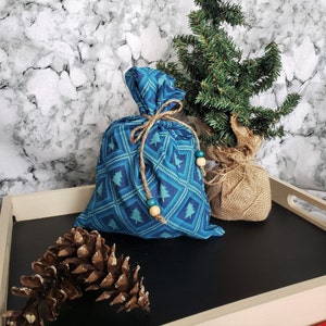Reusable Gift Bag, Christmas Gift Bag, Holiday Gift Bag, Zero Waste Gift Wrap, Cloth Gift Bag, Blue Christmas Tree Gift Bag