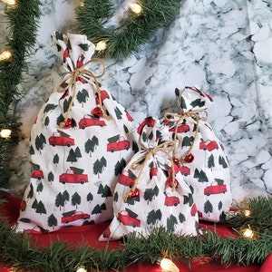 Wiederverwendbare Geschenktüte, Weihnachtsgeschenktüte, Weihnachtsgeschenktüte, Zero Waste Geschenkverpackung, Stoffgeschenktüte, Weihnachtsbaum-LKW-Geschenktüte