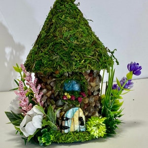 Mini STONE FAIRY HOUSES 3 Styles available with Stained Glass windows, Moss Roof Woodland Style Cottage Core Fairy Core image 4