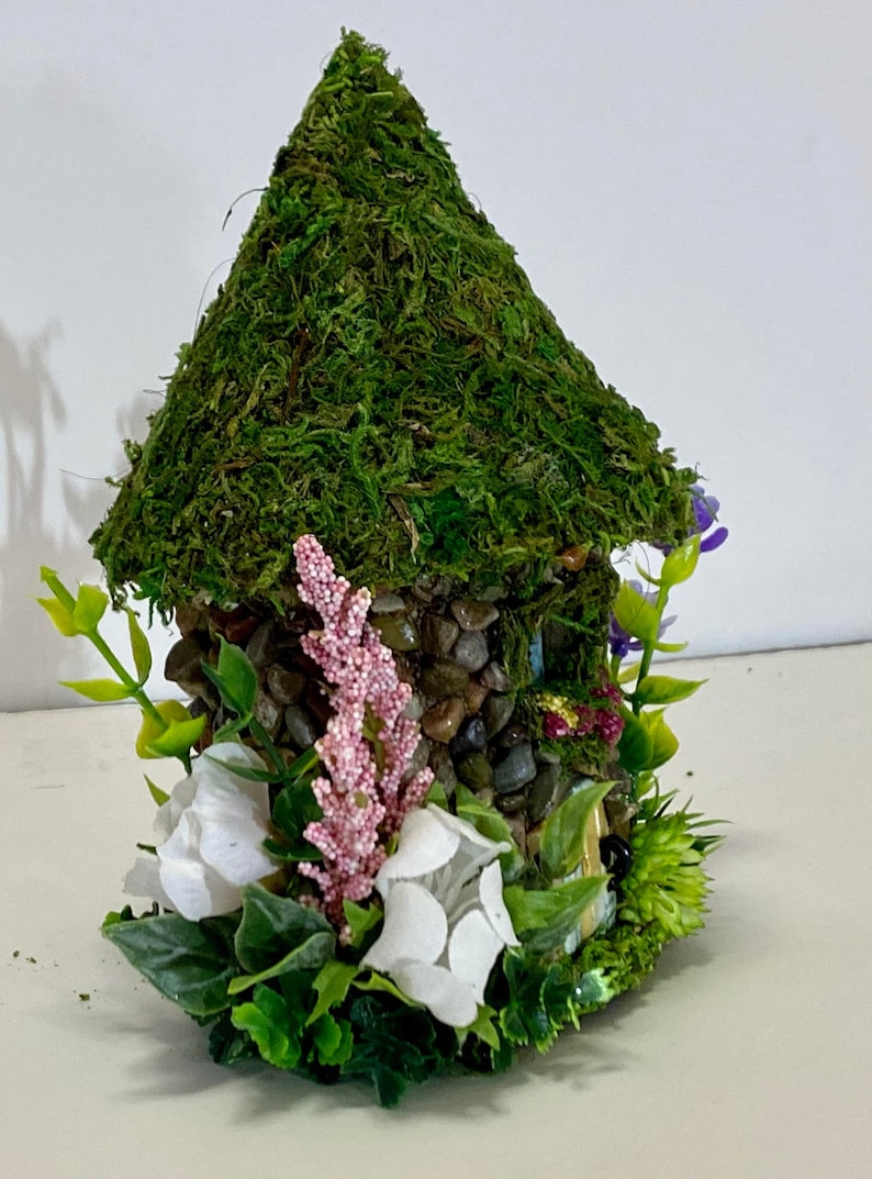 Mini STONE FAIRY HOUSES 3 Styles available with Stained Glass windows, Moss Roof Woodland Style Cottage Core Fairy Core image 5