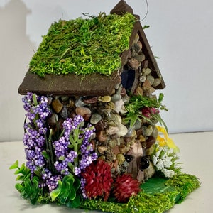 Mini STONE FAIRY HOUSES 3 Styles available with Stained Glass windows, Moss Roof Woodland Style Cottage Core Fairy Core image 8