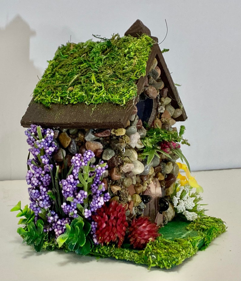 Mini STONE FAIRY HOUSES 3 Styles available with Stained Glass windows, Moss Roof Woodland Style Cottage Core Fairy Core image 8