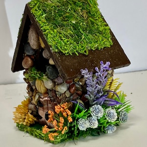 Mini STONE FAIRY HOUSES 3 Styles available with Stained Glass windows, Moss Roof Woodland Style Cottage Core Fairy Core image 2