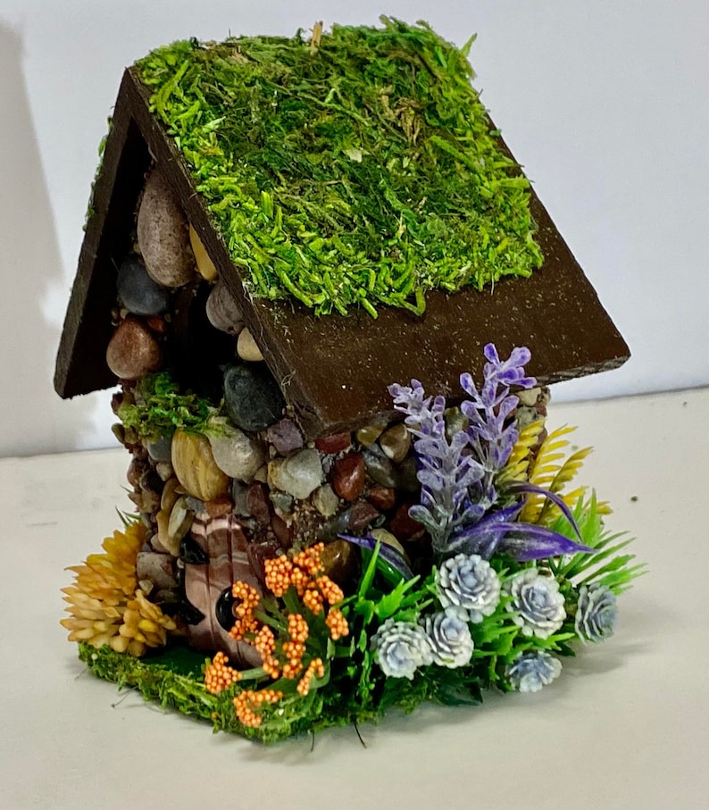 Mini STONE FAIRY HOUSES 3 Styles available with Stained Glass windows, Moss Roof Woodland Style Cottage Core Fairy Core image 2