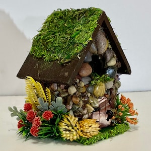 Mini STONE FAIRY HOUSES 3 Styles available with Stained Glass windows, Moss Roof Woodland Style Cottage Core Fairy Core image 3