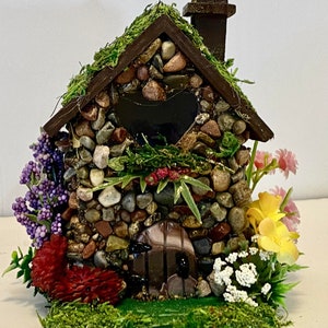 Mini STONE FAIRY HOUSES 3 Styles available with Stained Glass windows, Moss Roof Woodland Style Cottage Core Fairy Core image 6