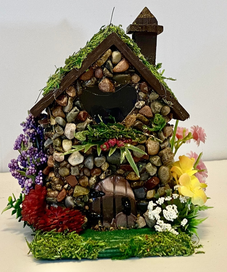 Mini STONE FAIRY HOUSES 3 Styles available with Stained Glass windows, Moss Roof Woodland Style Cottage Core Fairy Core image 6