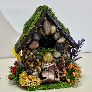 Mini STONE FAIRY HOUSES 3 Styles available with Stained Glass windows, Moss Roof Woodland Style Cottage Core Fairy Core image 1