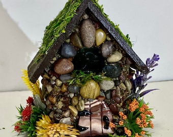 Mini STONE FAIRY HOUSES  3 Styles available with Stained Glass windows, Moss Roof Woodland Style - Cottage Core- Fairy Core