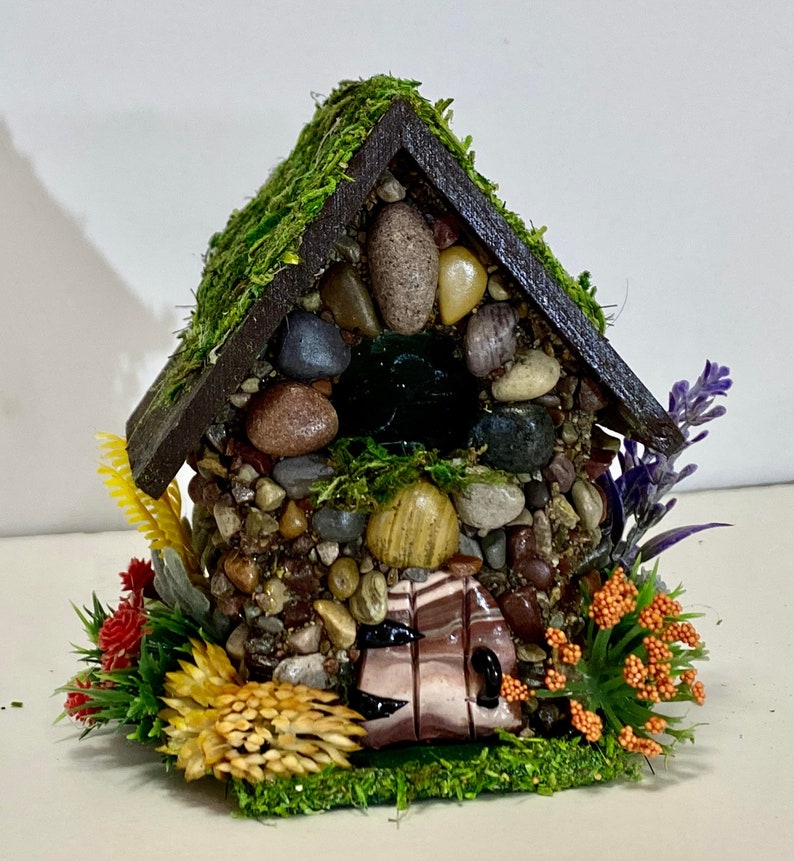 Mini STONE FAIRY HOUSES 3 Styles available with Stained Glass windows, Moss Roof Woodland Style Cottage Core Fairy Core image 1