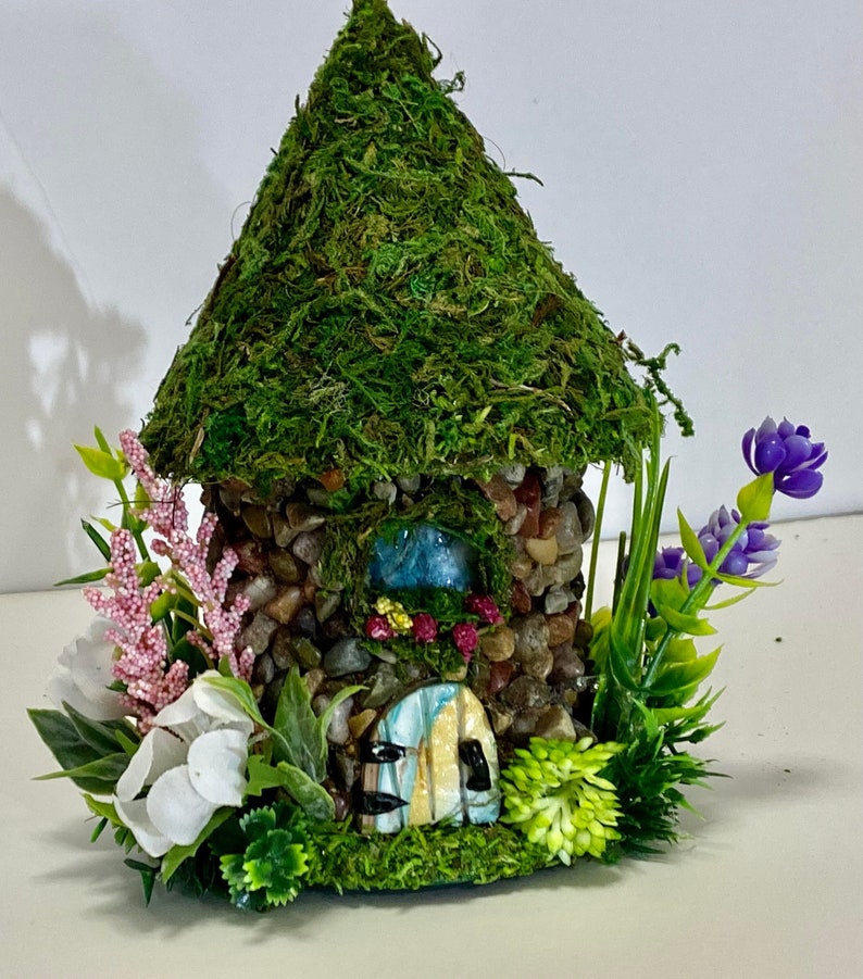 Mini STONE FAIRY HOUSES 3 Styles available with Stained Glass windows, Moss Roof Woodland Style Cottage Core Fairy Core image 4