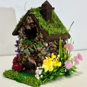 Mini STONE FAIRY HOUSES 3 Styles available with Stained Glass windows, Moss Roof Woodland Style Cottage Core Fairy Core image 7