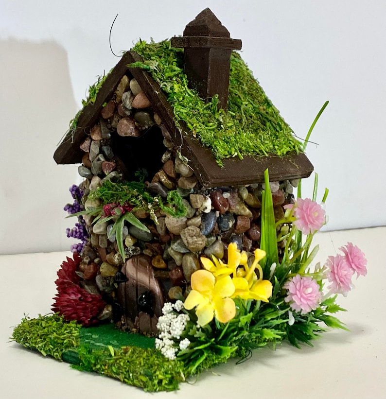 Mini STONE FAIRY HOUSES 3 Styles available with Stained Glass windows, Moss Roof Woodland Style Cottage Core Fairy Core image 7